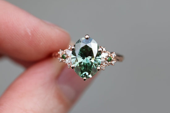 Ready to ship, Size 7 14k rose enchanted garden with lab green diamond