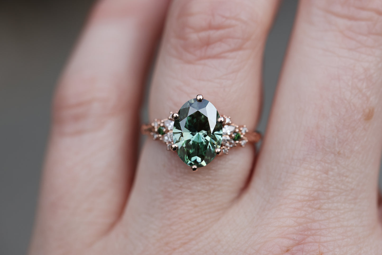 Ready to ship, Size 7 14k rose enchanted garden with lab green diamond