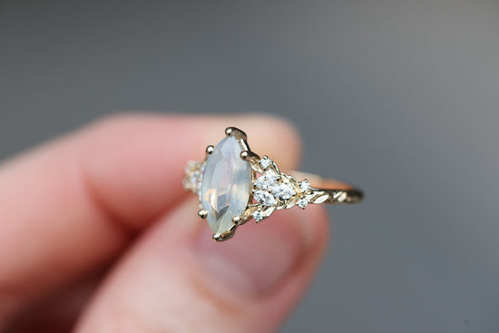 Ready to ship, Size 8 14k yellow Enchanted garden with opalescent marquise sapphire