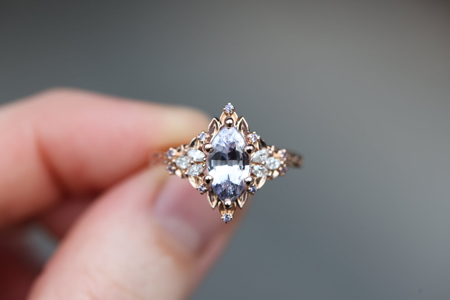 Ready to ship, Size 8 14k rose Starlight with lavender marquise sapphire