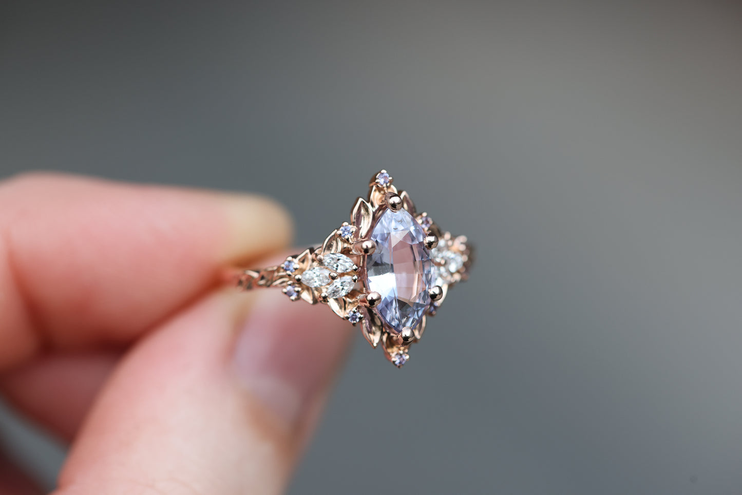 Ready to ship, Size 8 14k rose Starlight with lavender marquise sapphire