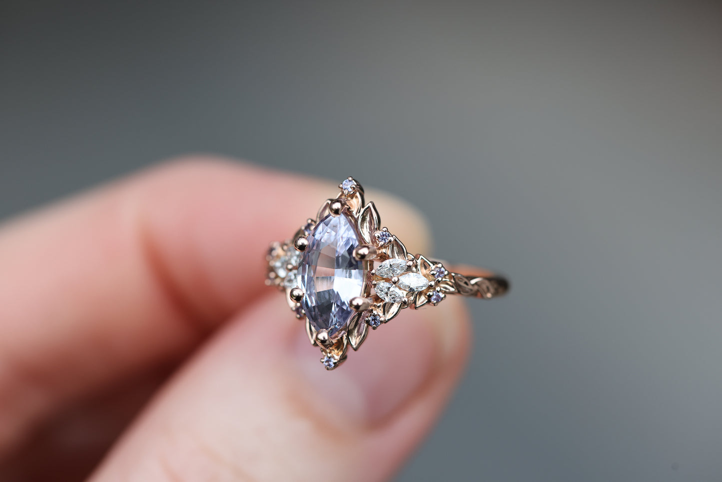 Ready to ship, Size 8 14k rose Starlight with lavender marquise sapphire