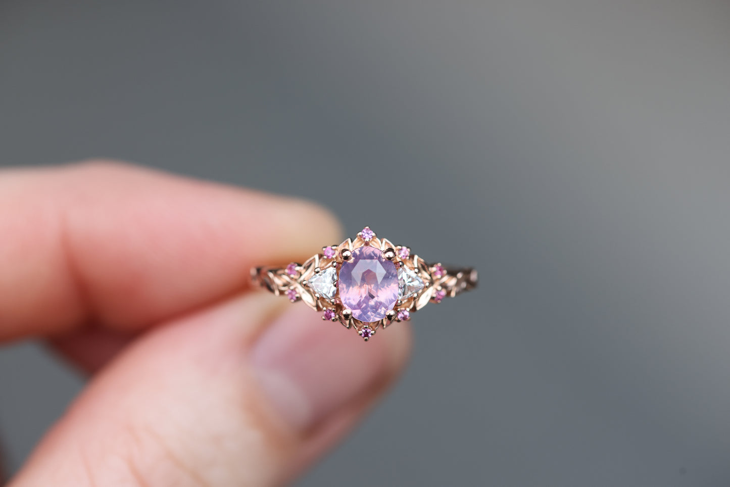 Ready to ship, Size 7 14k rose- Briar rose three stone with opalescent sapphire