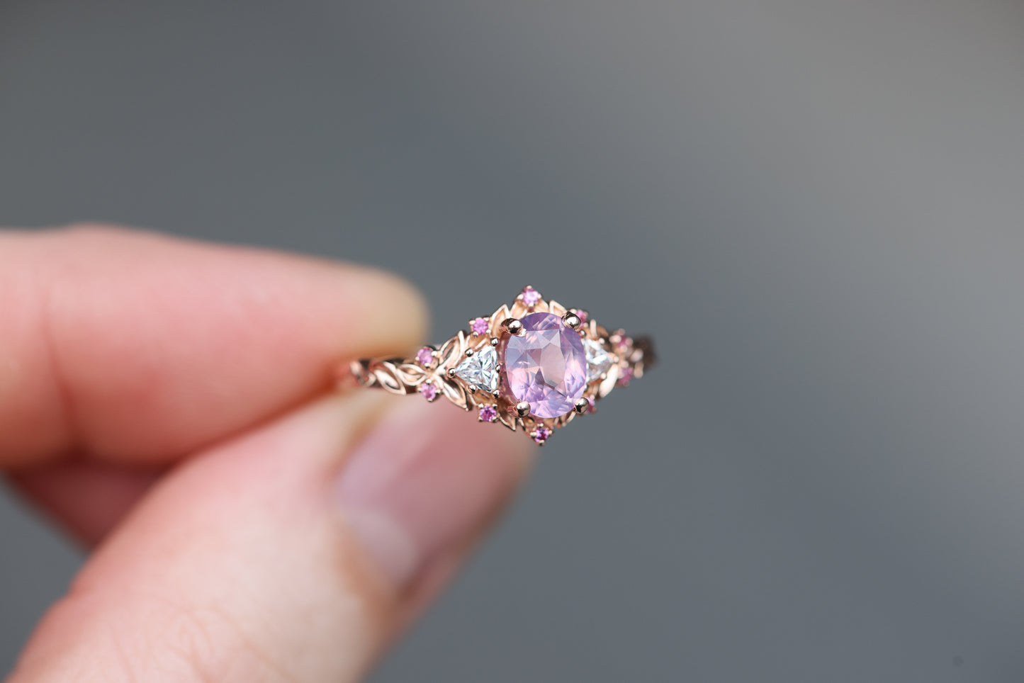 Ready to ship, Size 7 14k rose- Briar rose three stone with opalescent sapphire