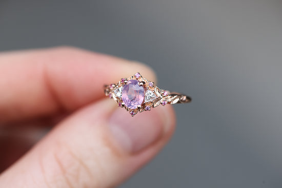 Ready to ship, Size 7 14k rose- Briar rose three stone with opalescent sapphire