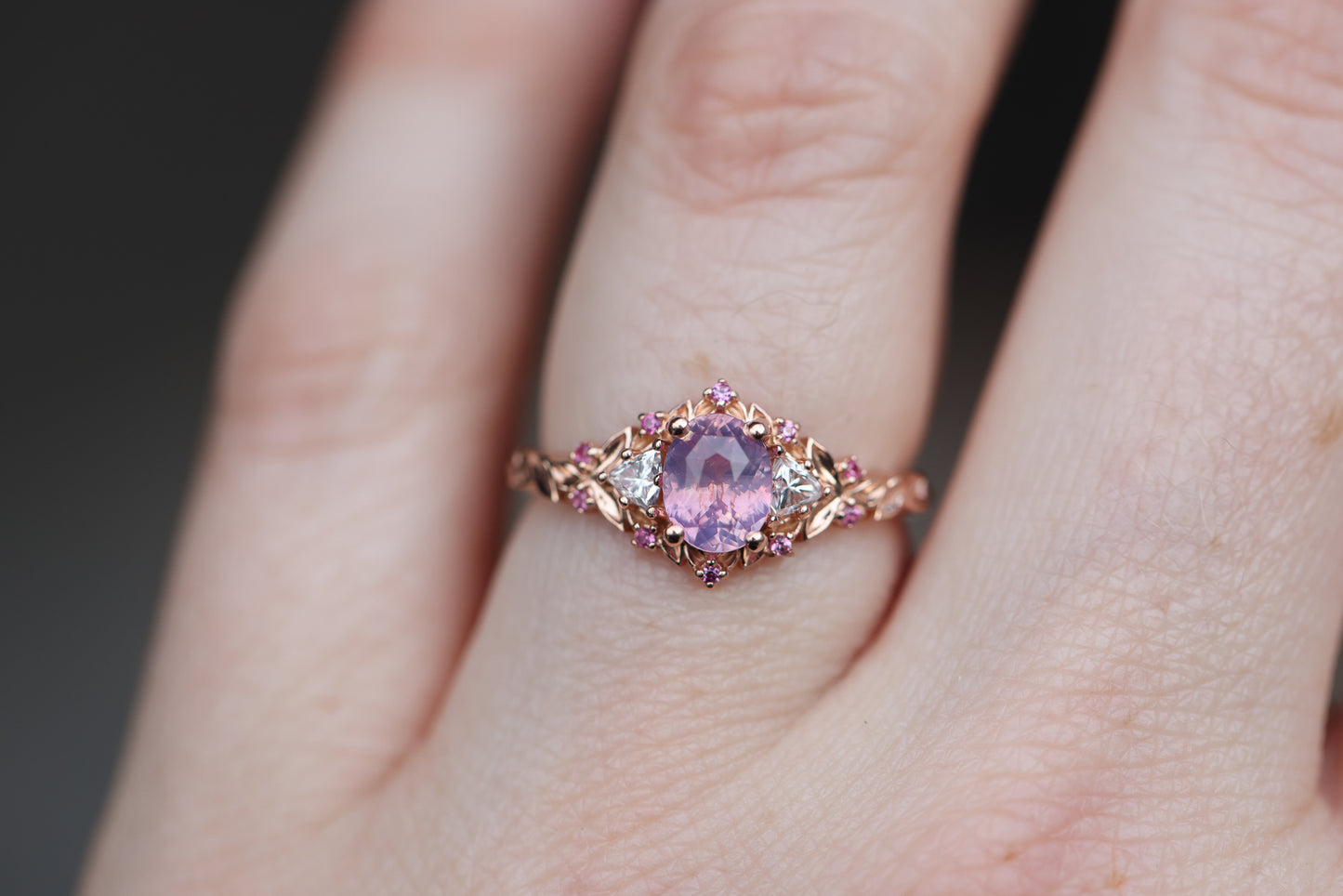 Ready to ship, Size 7 14k rose- Briar rose three stone with opalescent sapphire