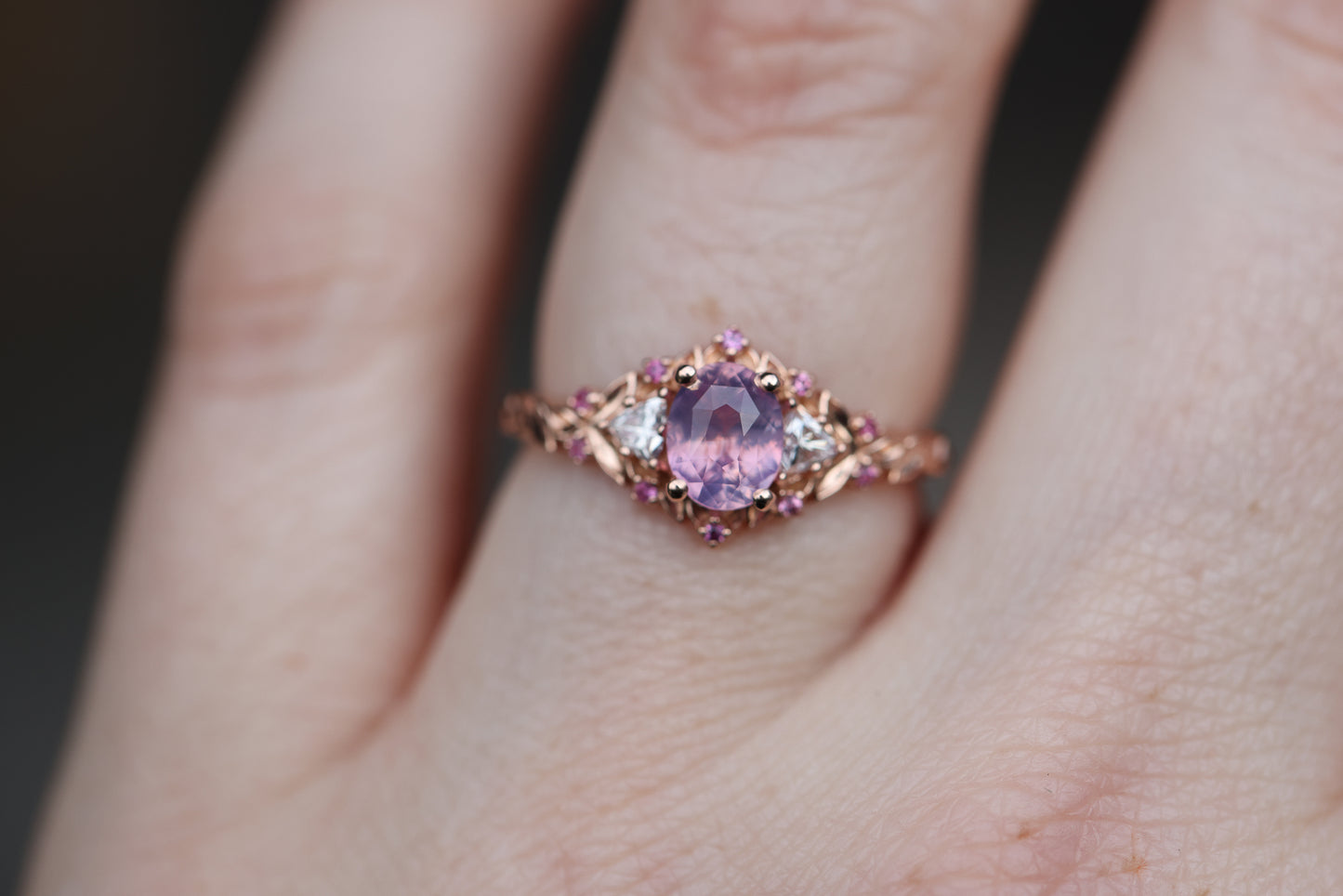 Ready to ship, Size 7 14k rose- Briar rose three stone with opalescent sapphire