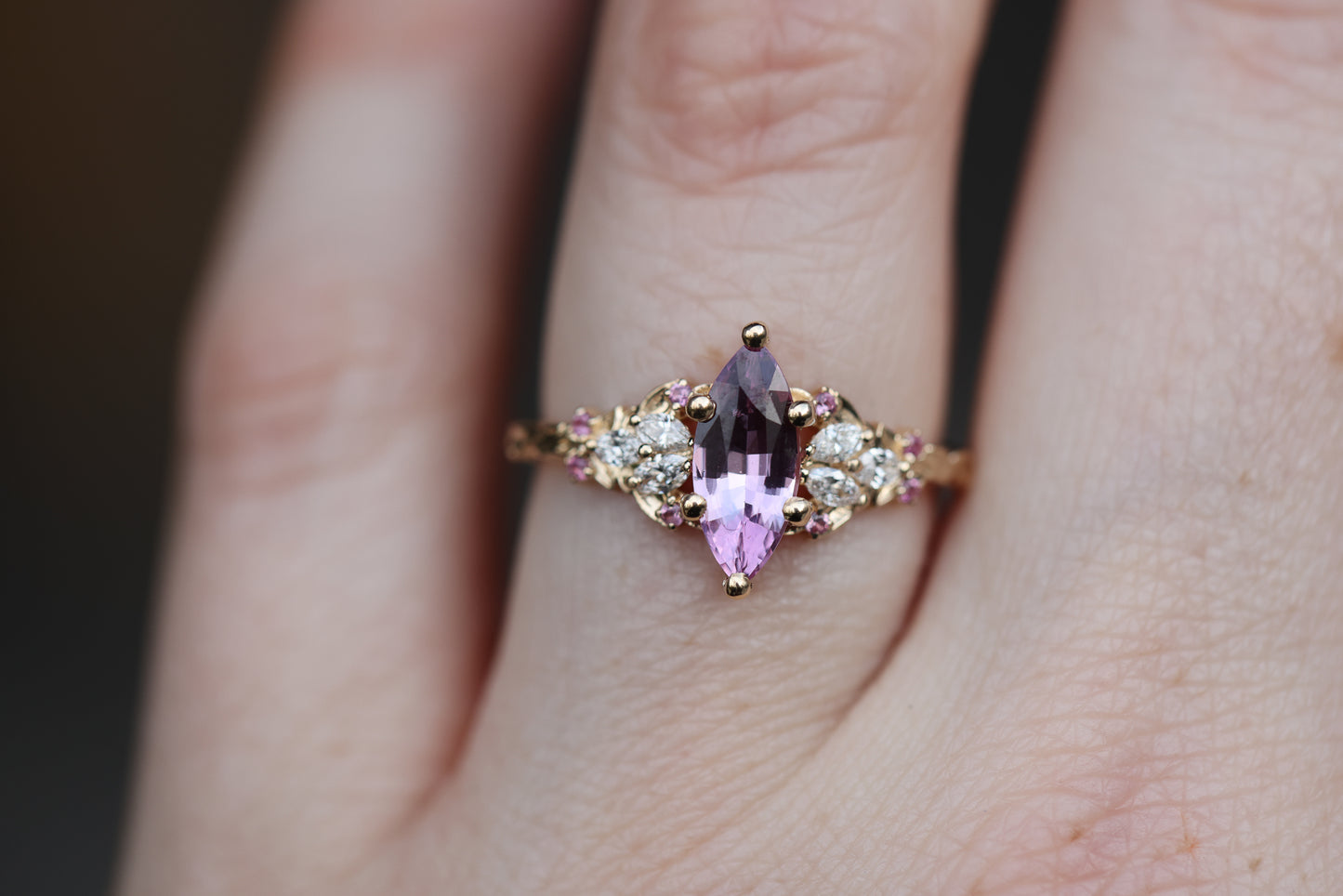 Ready to ship, Size 8 14k yellow enchanted garden with marquise pink sapphire