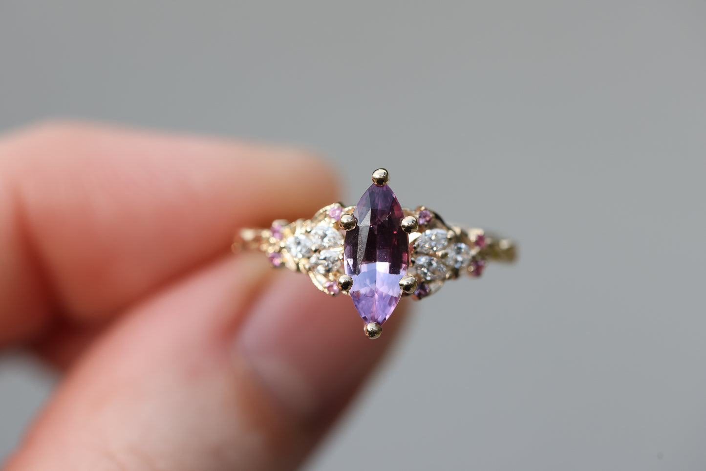 Ready to ship, Size 8 14k yellow enchanted garden with marquise pink sapphire