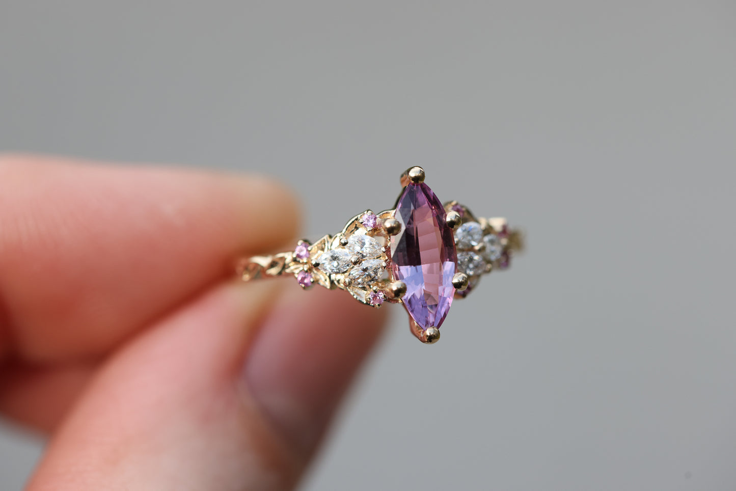 Ready to ship, Size 8 14k yellow enchanted garden with marquise pink sapphire