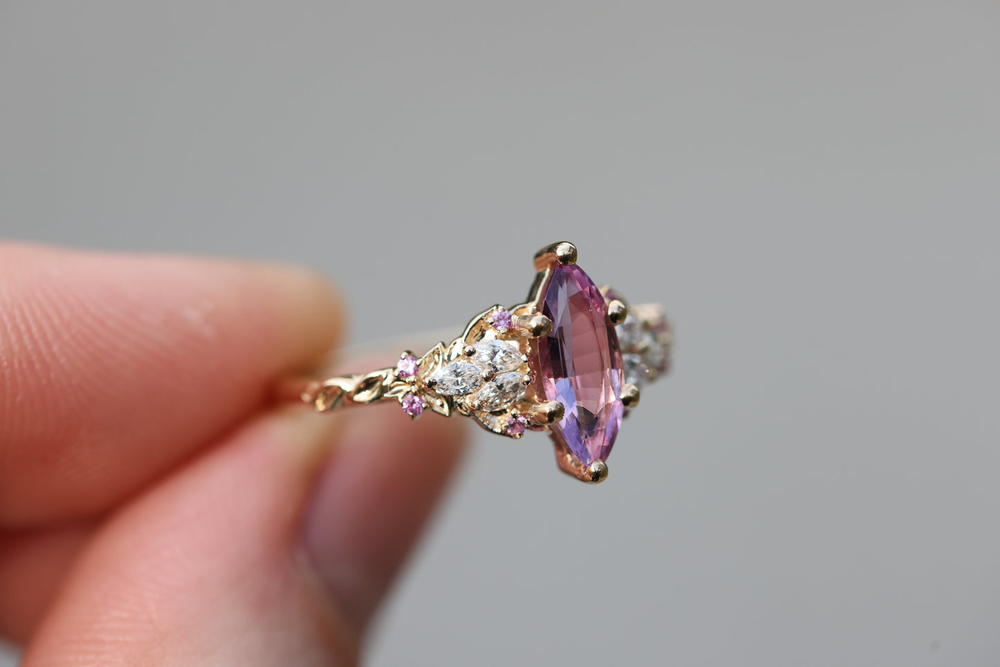 Ready to ship, Size 8 14k yellow enchanted garden with marquise pink sapphire