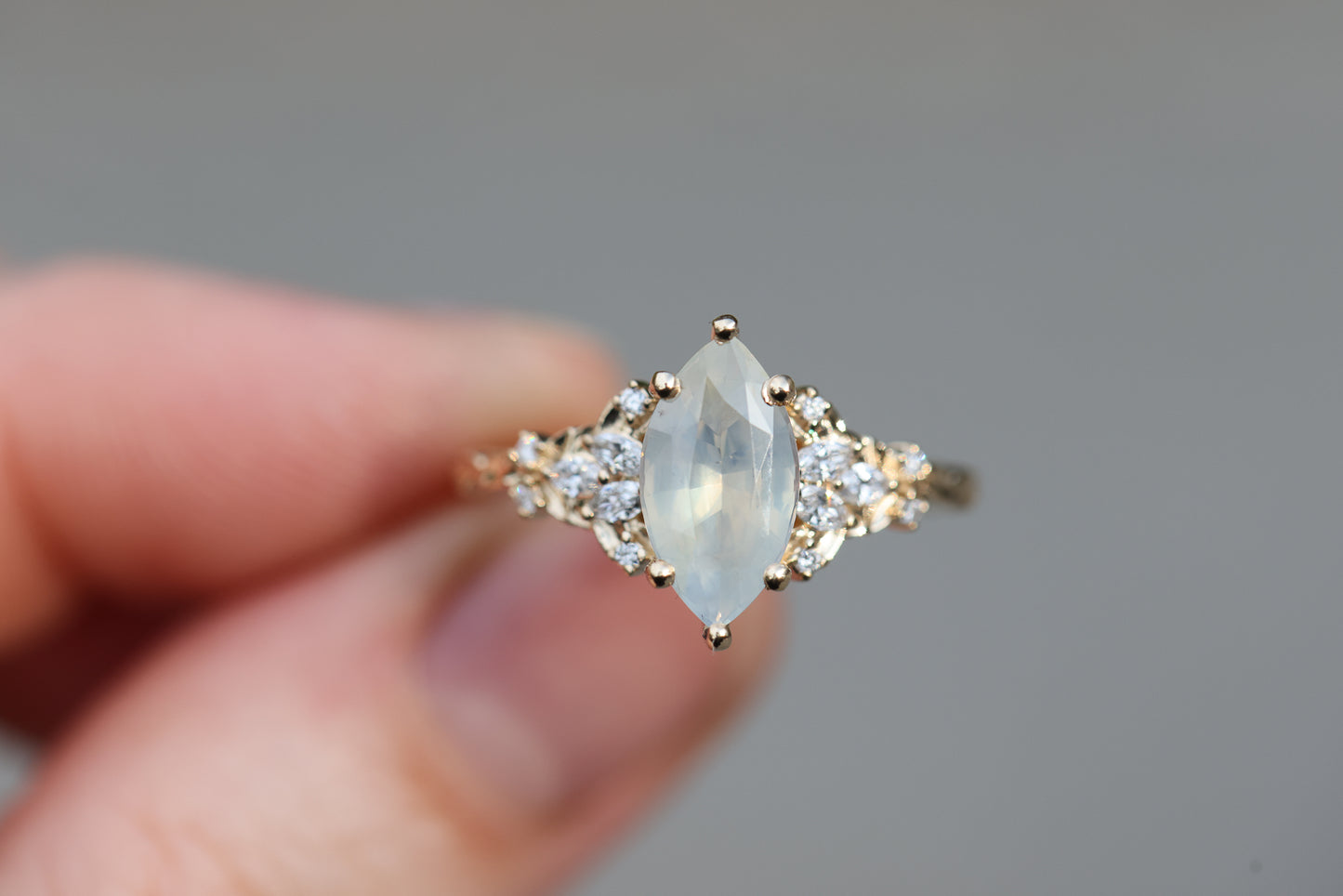 Ready to ship, Size 8 14k yellow Enchanted garden with opalescent marquise sapphire