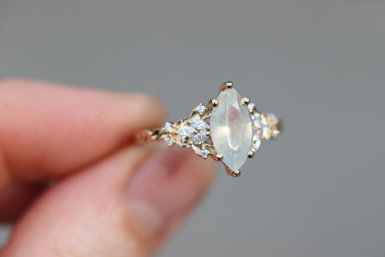 Ready to ship, Size 8 14k yellow Enchanted garden with opalescent marquise sapphire