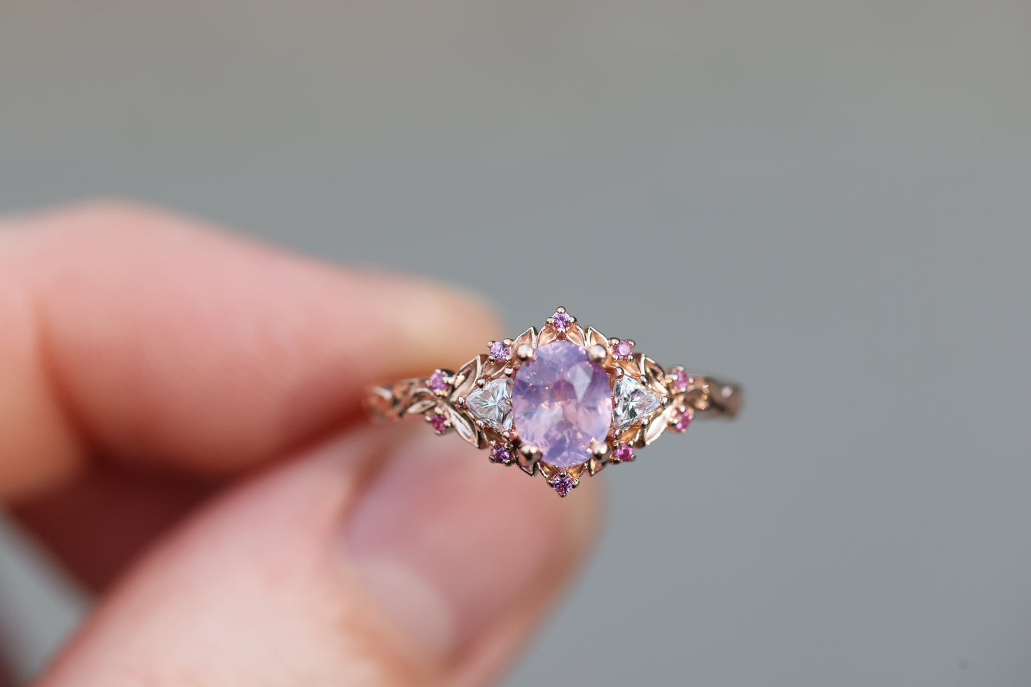 Ready to ship, Size 7 14k rose- Briar rose three stone with opalescent sapphire