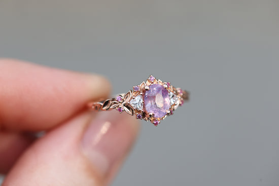 Ready to ship, Size 7 14k rose- Briar rose three stone with opalescent sapphire