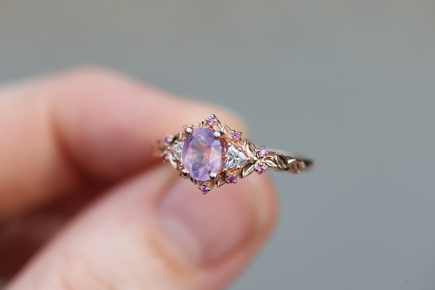 Ready to ship, Size 7 14k rose- Briar rose three stone with opalescent sapphire