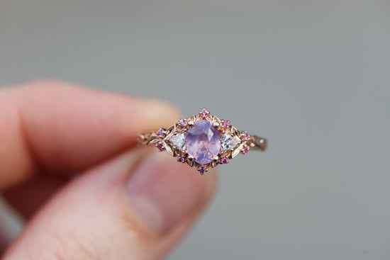 Ready to ship, Size 7 14k rose- Briar rose three stone with opalescent sapphire