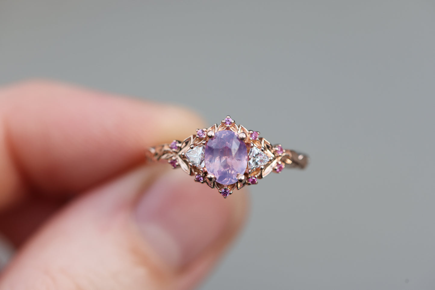 Ready to ship, Size 7 14k rose- Briar rose three stone with opalescent sapphire