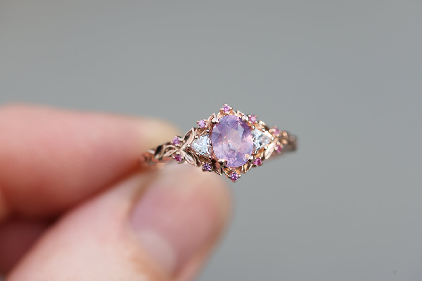 Ready to ship, Size 7 14k rose- Briar rose three stone with opalescent sapphire