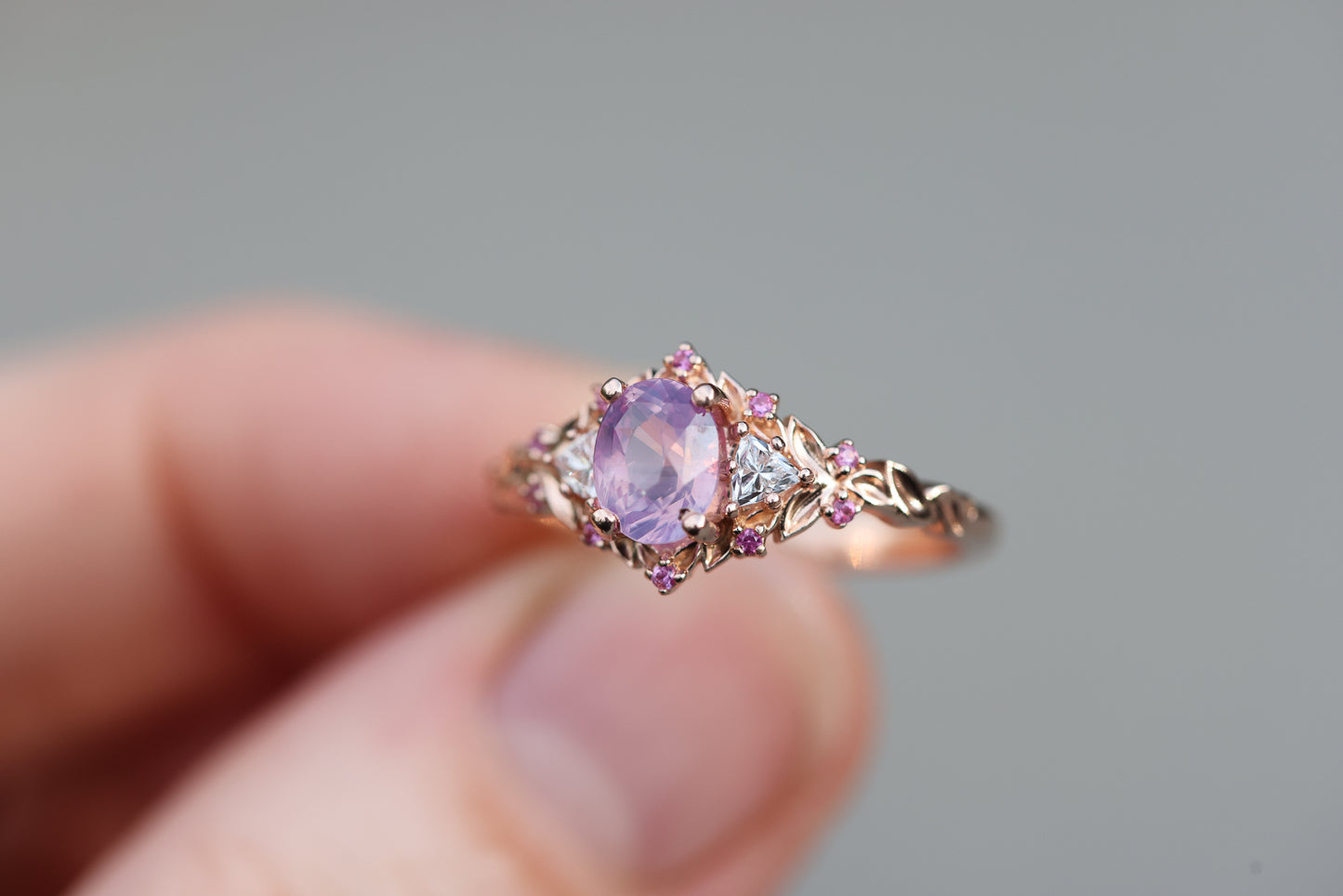 Ready to ship, Size 7 14k rose- Briar rose three stone with opalescent sapphire