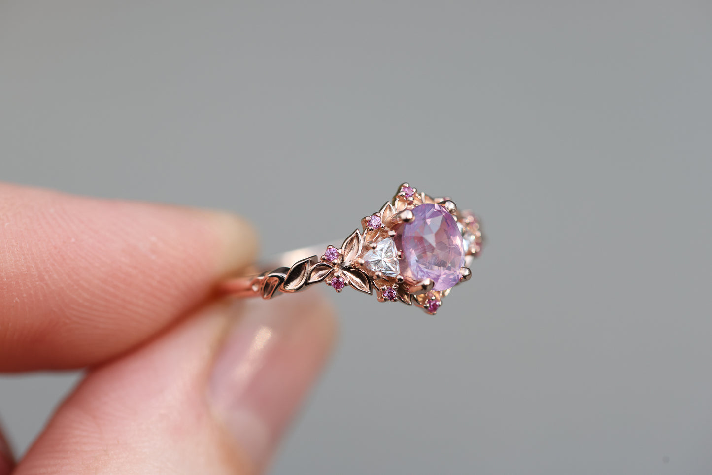 Ready to ship, Size 7 14k rose- Briar rose three stone with opalescent sapphire