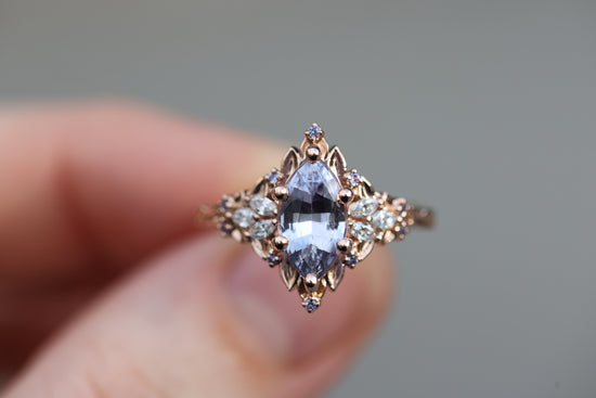 Ready to ship, Size 8 14k rose Starlight with lavender marquise sapphire