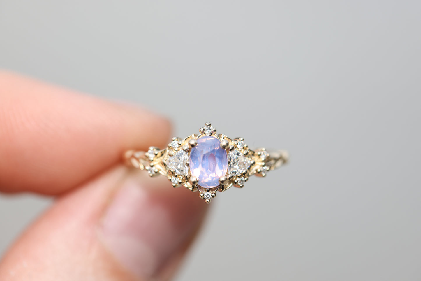 Briar rose three stone with .72ct opalescent sapphire