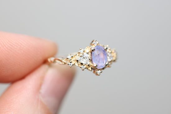 Briar rose three stone with .72ct opalescent sapphire