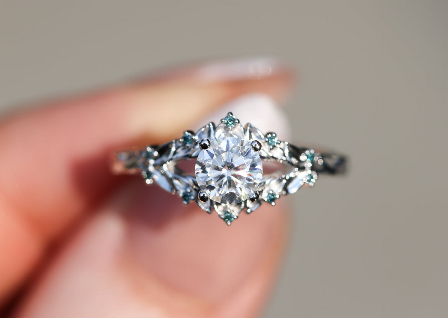 Briar Rose Solitaire with 6mm Round Moissanite and Teal Blue Diamonds