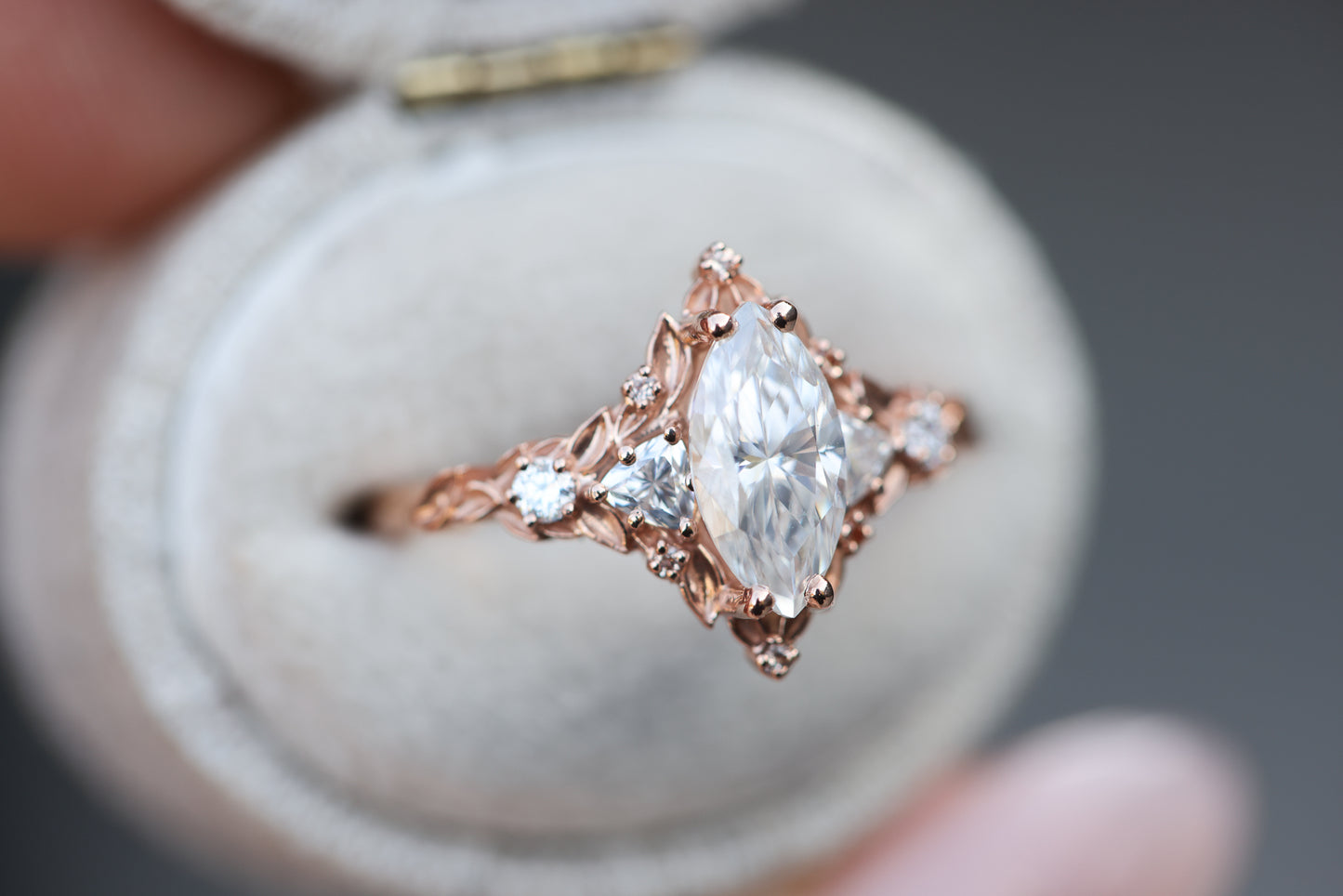 Load image into Gallery viewer, Briar rose five stone with 10x5mm marquise moissanite and peach sapphire
