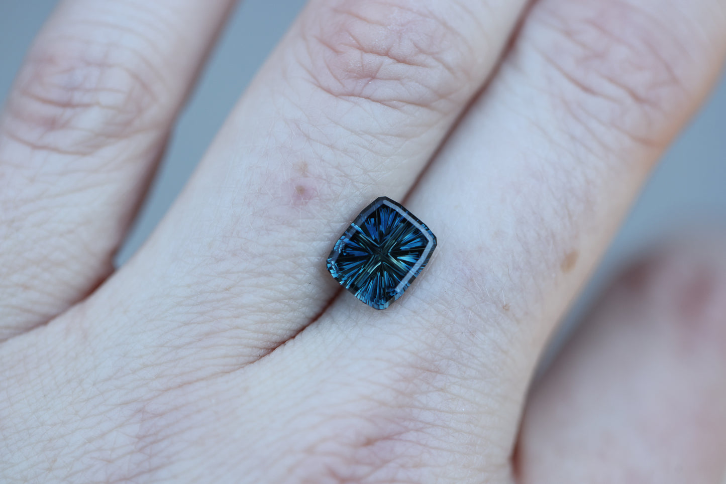 2.14ct cushion cut blue teal sapphire, Starbrite cut by John Dyer