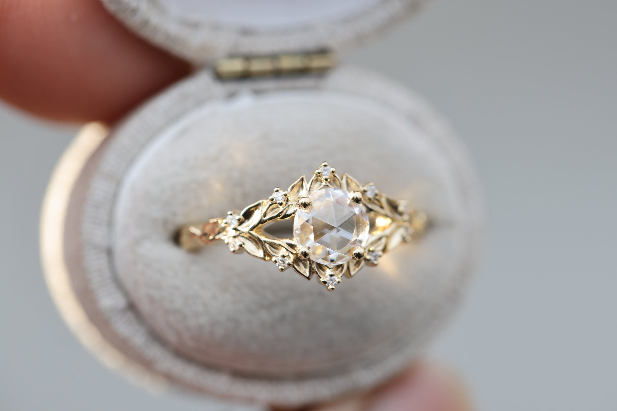 Briar rose solitaire with 6mm round rose cut moissanite – Oore Jewelry