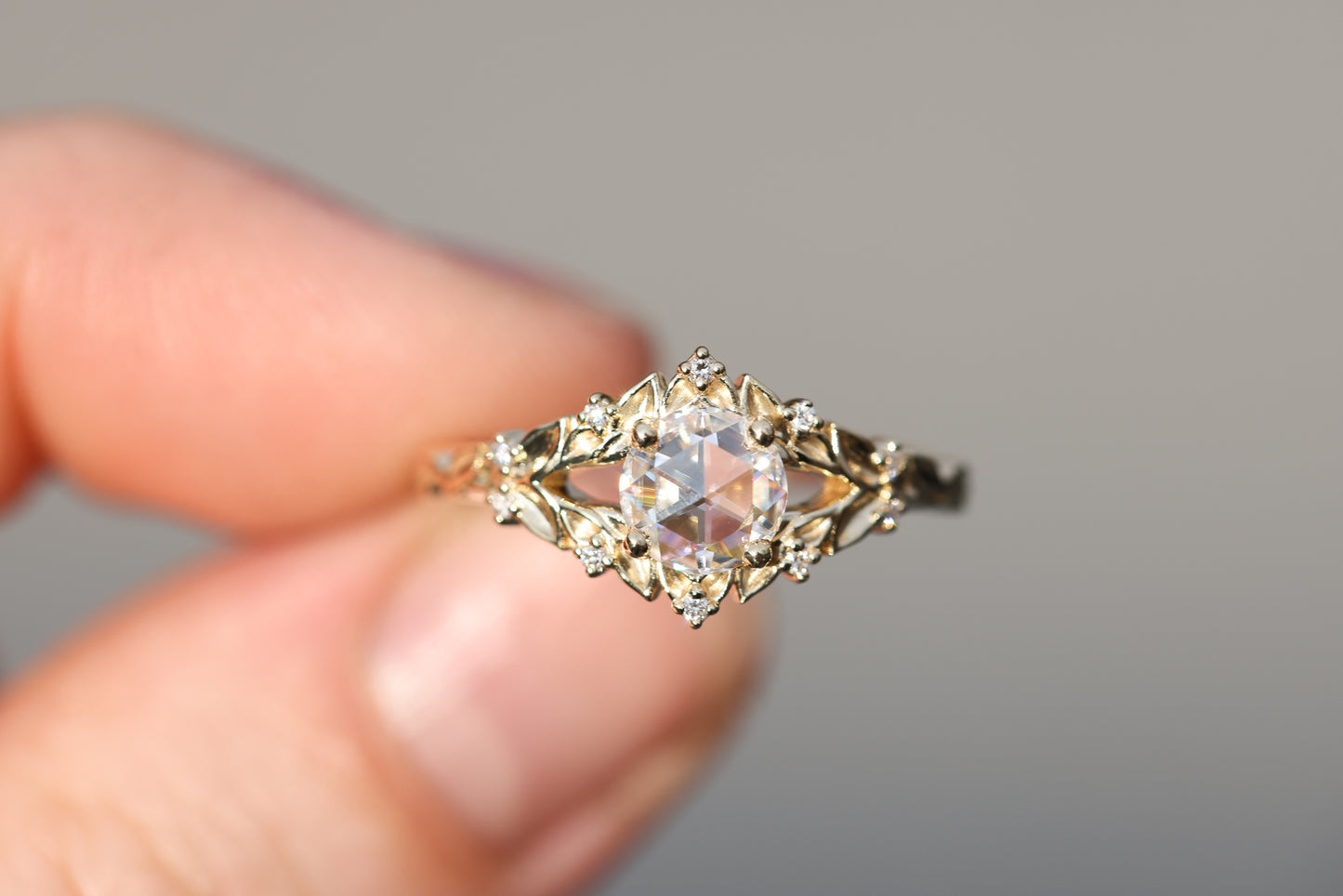 Briar rose solitaire with 6mm round rose cut moissanite