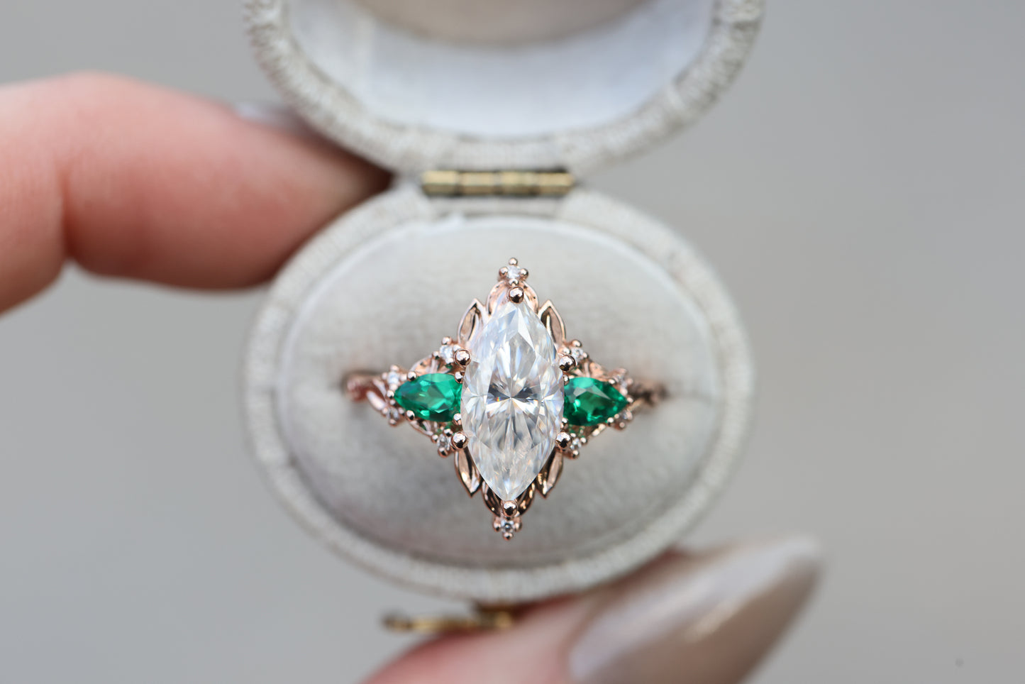 Briar rose three stone 2ct marquise moissanite and lab emerald