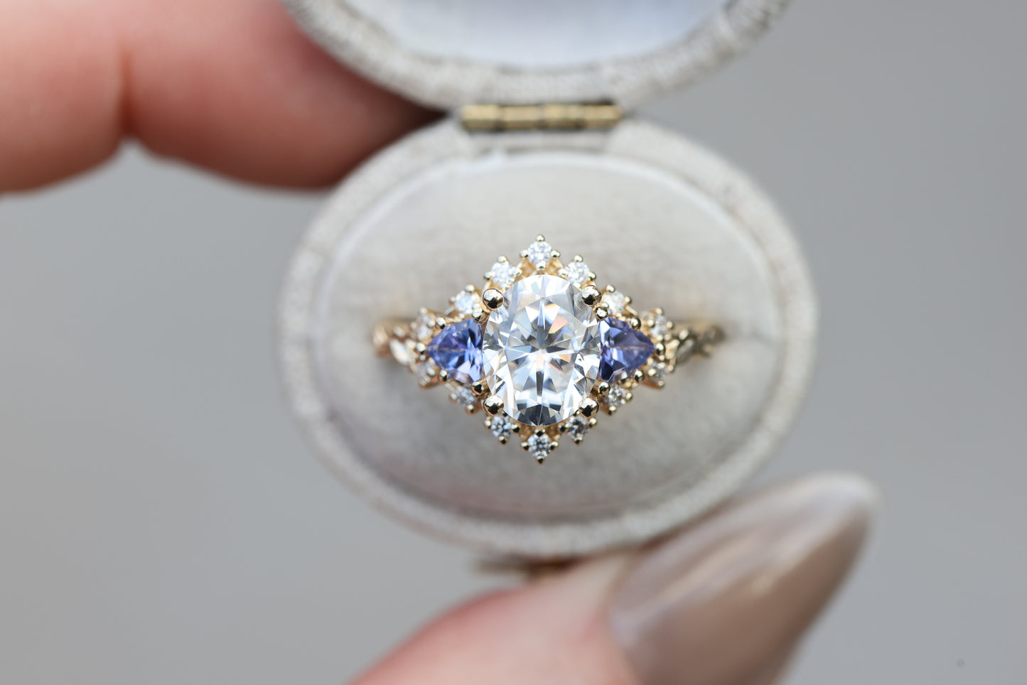 Briar half halo with 9x7mm moissanite and tanzanite