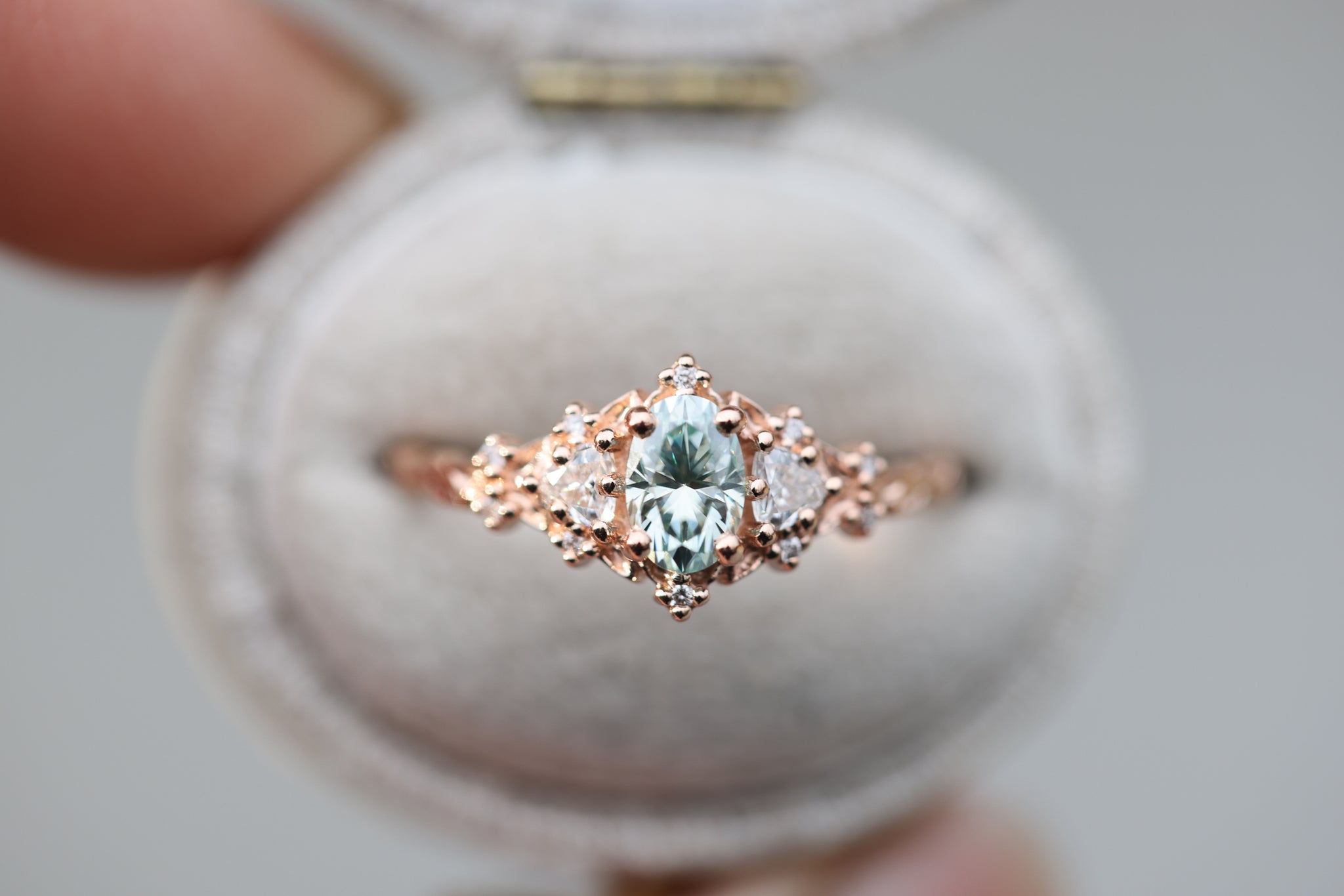 Briar Rose Three Stone with 6x4mm oval teal moissanite – Oore Jewelry