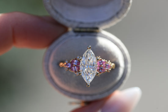 Enchanted garden with 2ct moissanite center and pink sapphire sides