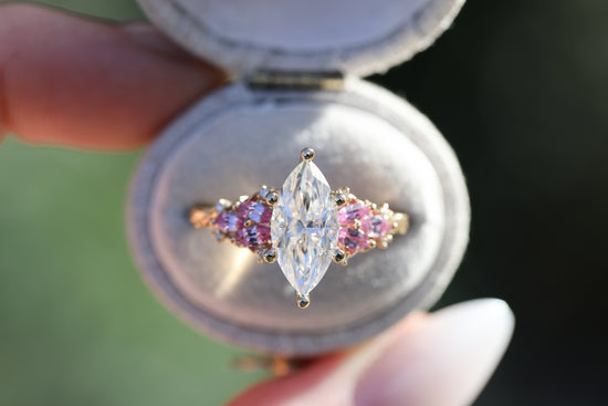 Enchanted garden with 2ct moissanite center and pink sapphire sides