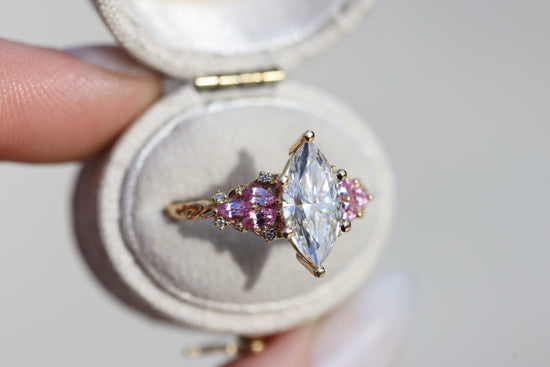 Enchanted garden with 2ct moissanite center and pink sapphire sides