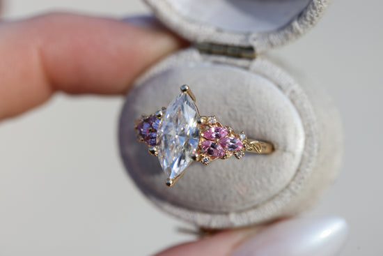 Enchanted garden with 2ct moissanite center and pink sapphire sides