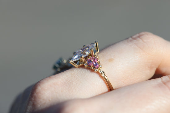 Enchanted garden with 2ct moissanite center and pink sapphire sides