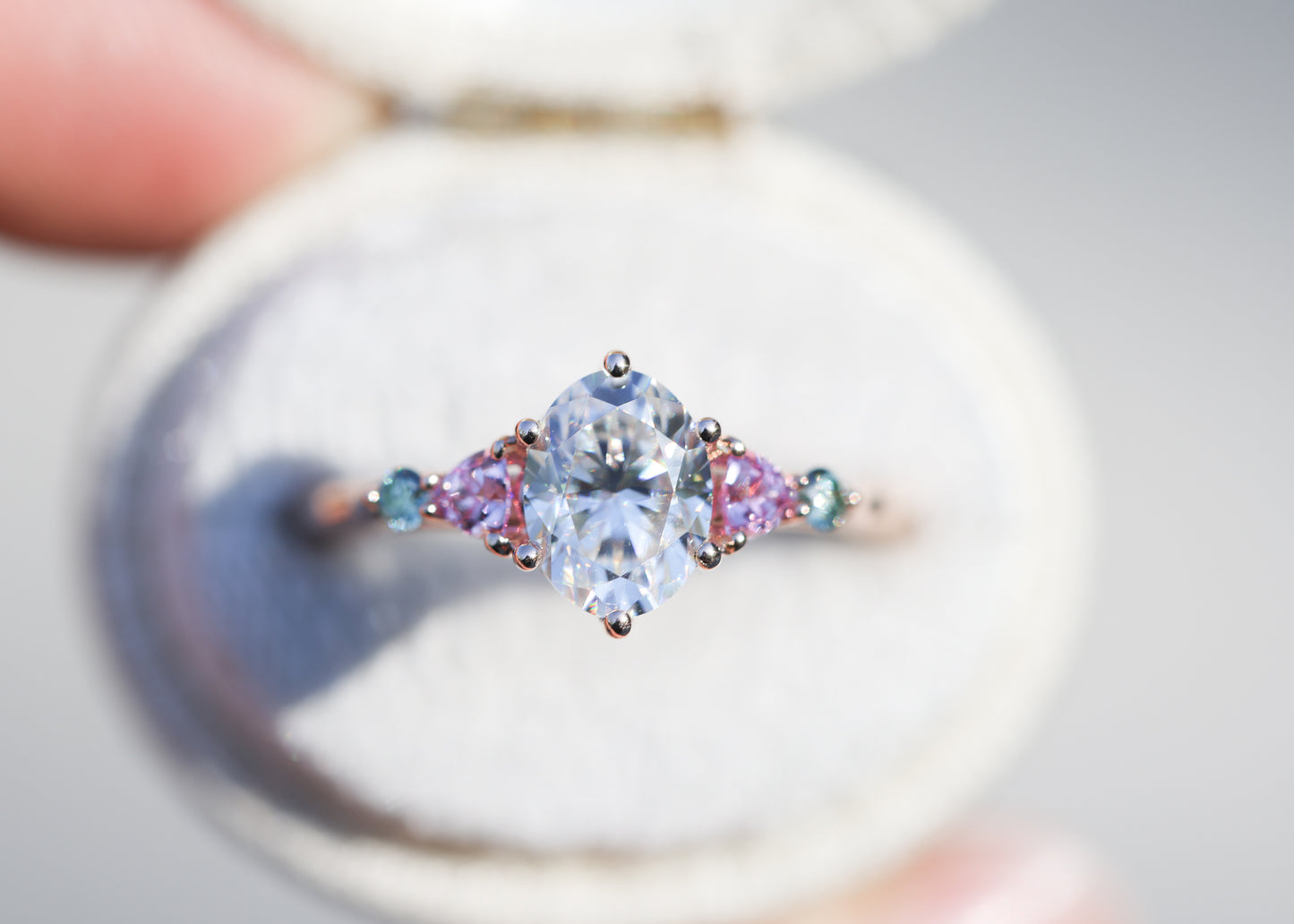 Lattice five stone with moissanite and pink sapphire