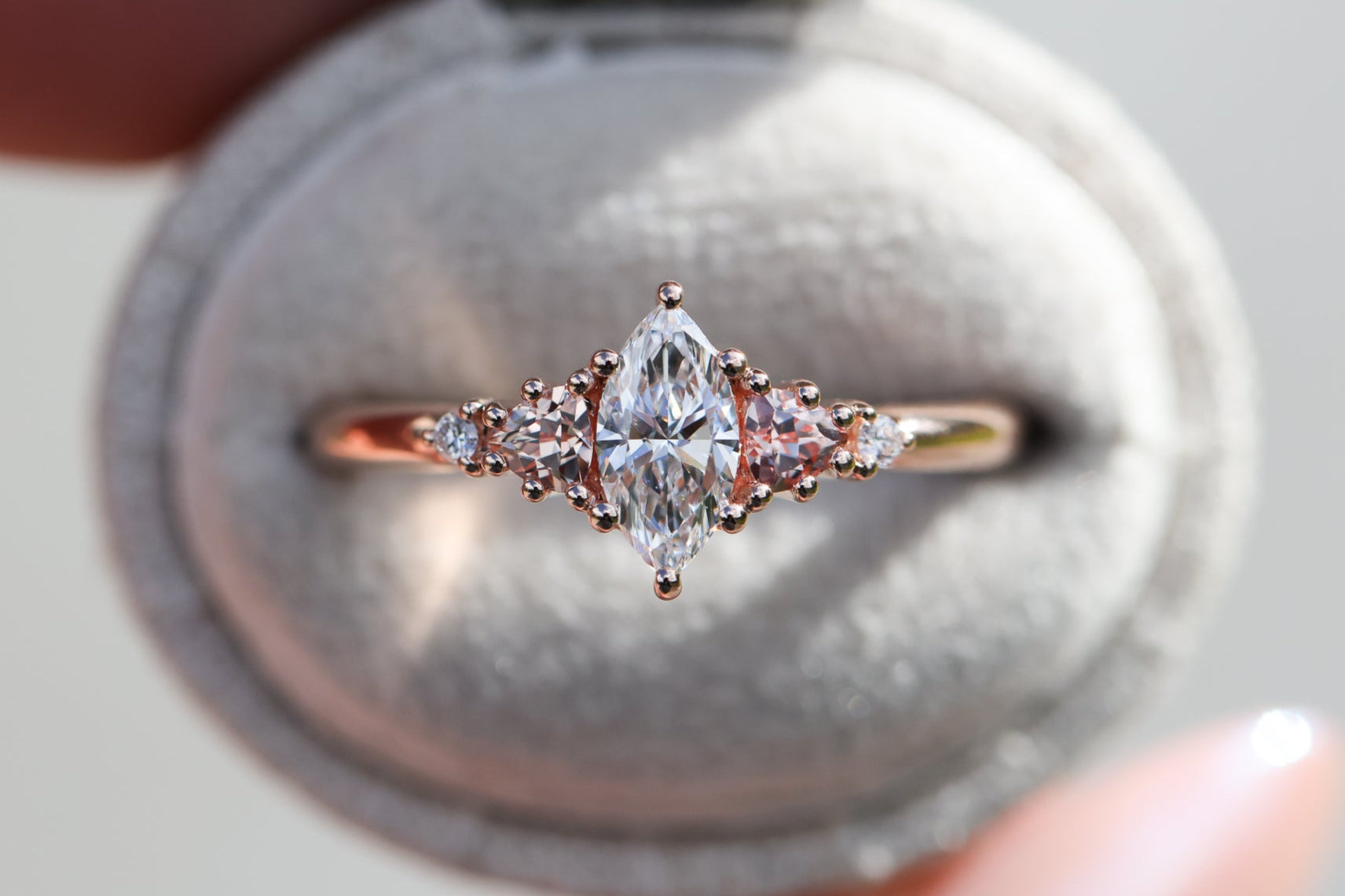 Harbor setting with marquise lab diamond and peach sapphire – Oore