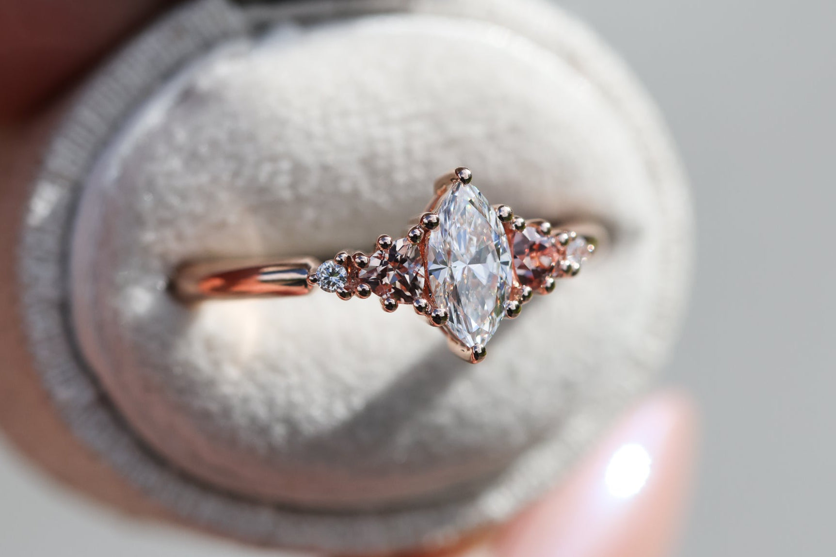 Harbor setting with marquise lab diamond and peach sapphire – Oore