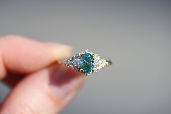 READY TO SHIP, size 7, 14k yellow gold Briar Rose Three Stone with 7x5mm teal moissanite