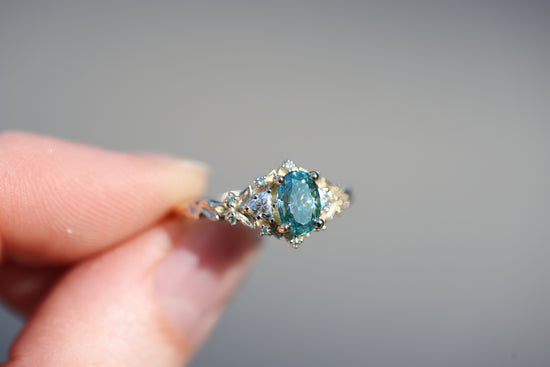 READY TO SHIP, size 7, 14k yellow gold Briar Rose Three Stone with 7x5mm teal moissanite