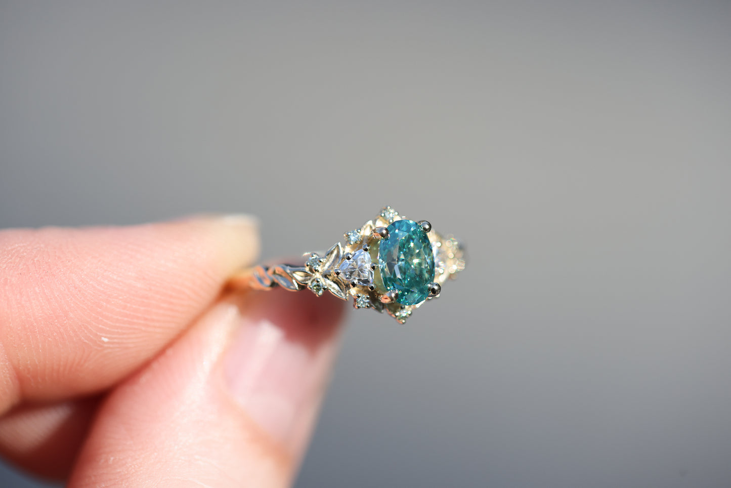 READY TO SHIP, size 7, 14k yellow gold Briar Rose Three Stone with 7x5mm teal moissanite