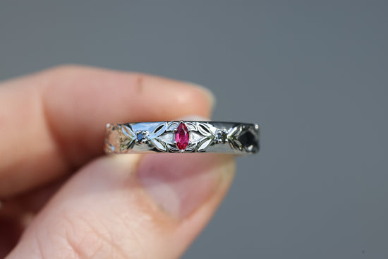 Wide unisex briar band with marquise lab ruby and black diamonds