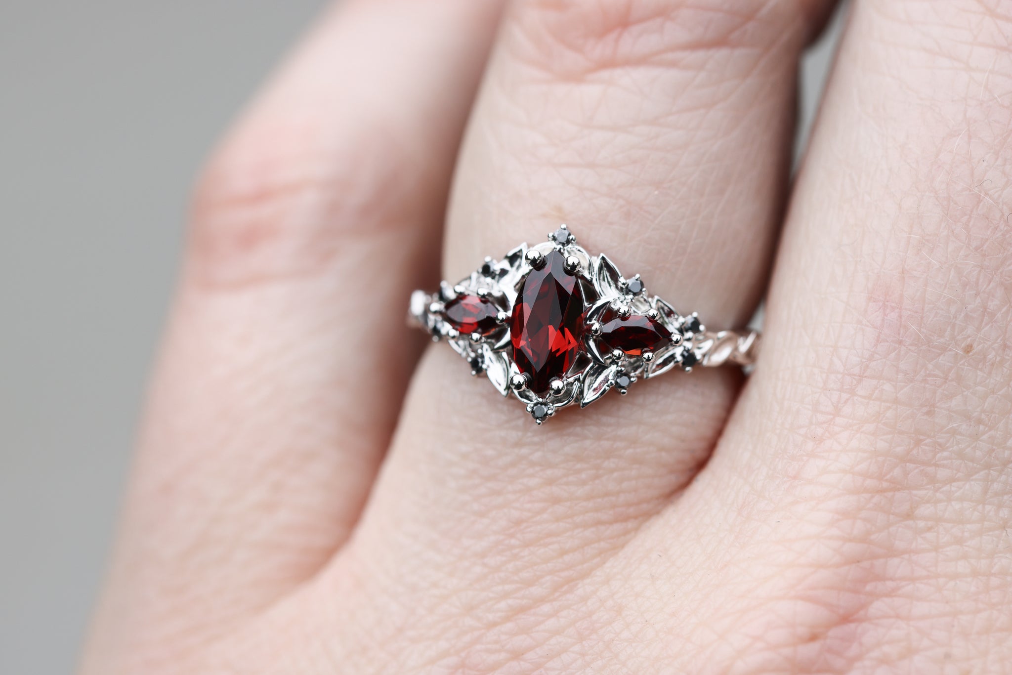 Briar Moon Three Stone with 8x4mm garnet center stone – Oore Jewelry