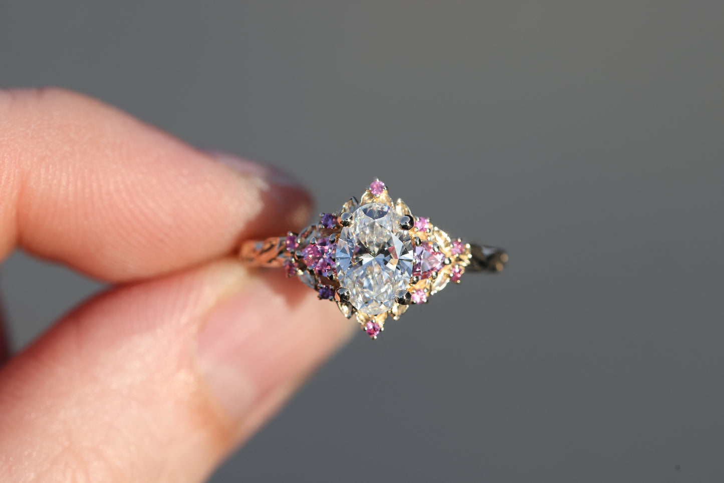 Briar rose three stone with 1.2ct oval lab diamond and pink sapphire accents